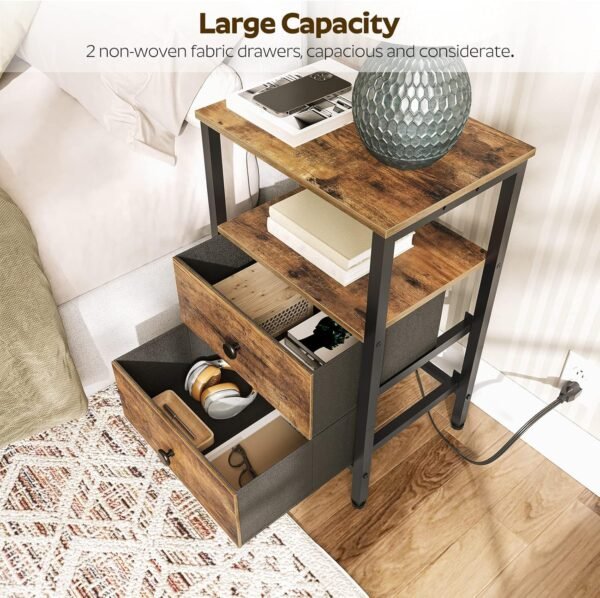 Nightstands Set of 2, Dorm Night Stand with Charging Station, Bedside Tables with 2 Non-Woven Drawers, Side Table for Dorm Room, End Table for Small Spaces, College, Living Room ET02L2BR - Image 5