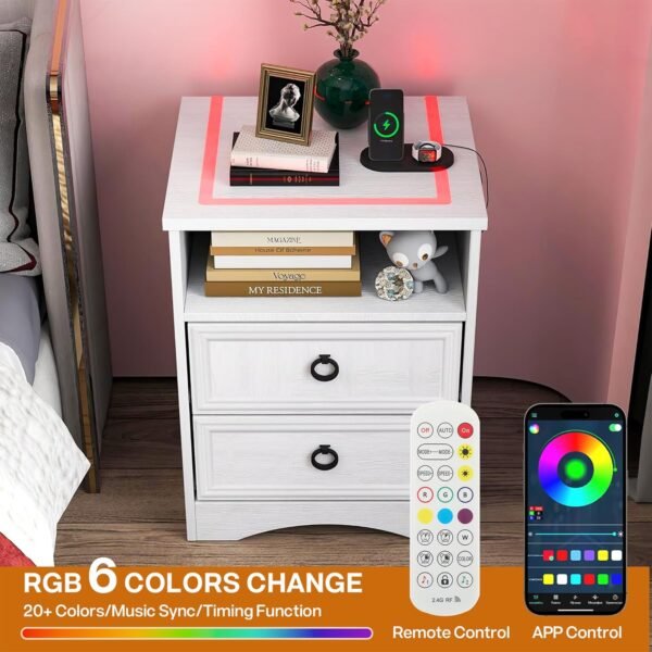 White Nightstand Set of 2 with Charging Station, Smart LED Night Stand Set 2 with 2 Storage Drawers, Farmhouse Wood Bed Side Table End Table with USB Ports and Outlets for Bedroom, Office - Image 4