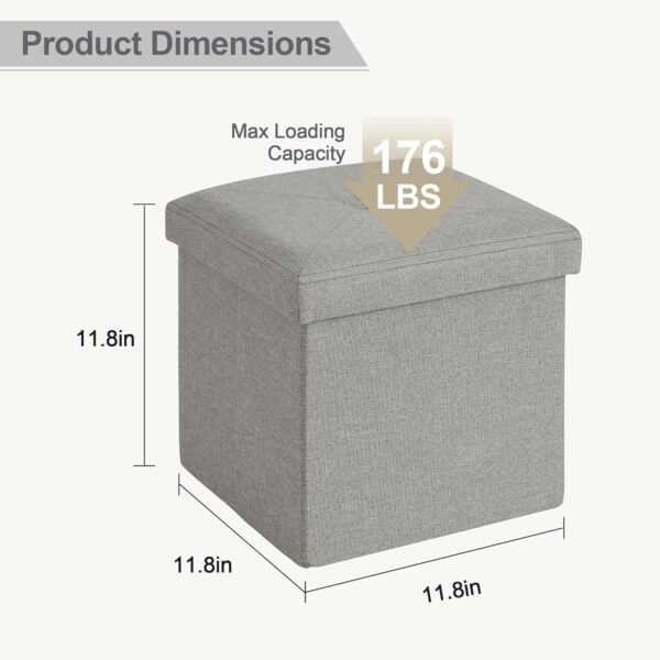 VECELO Storage Ottoman, 11.8'' Folding Footstools, Multipurpose Foot Rest Stool, Foldable Linen Fabric Ottomans, Small Square Ottoman Cube for Living Room/Bed Room/Dorm, Grey - Image 3