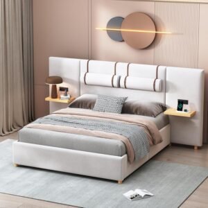 Ball & Cast Queen Upholstered Platform Bed with Oversized Soft Headboard,Wood Bedframe W/Integrated Storage Shelves,Power Outlet & USB Port on Both Sides,for Bedroom Guest Room Apartment,Beige Velvet