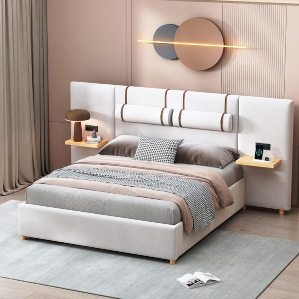 Ball & Cast Queen Upholstered Platform Bed with Oversized Soft Headboard,Wood Bedframe W/Integrated Storage Shelves,Power Outlet & USB Port on Both Sides,for Bedroom Guest Room Apartment,Beige Velvet