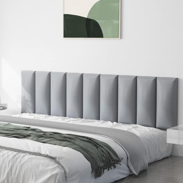 Tbfit Upholstered Wall Mounted Headboard for King Size Bed, Soundproof Peel and Stick Headboards, Tufted Floating Dorm Bed Headboard, Pack of 12 Panels Sized 10” x 24”, Leather Grey - Image 3