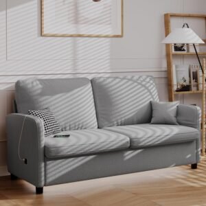 Mini Couch for Bedroom,Small Loveseat Sofa for Small Spaces,60″ 2 Seater Velvet Love Seat Couches for Office,Dorm,2 USB, LED Light, Crystal Button Tufted (Grey)