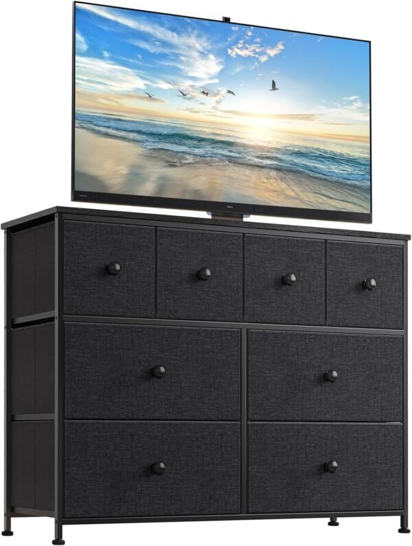 REAHOME Dresser TV Stand for Bedroom with 8 Fabric Drawers, Black Long Dresser Chest of Drawers Large Capacity Steel Frame Wooden Top Living Room Entryway Office (Black Gray) YLZ8B5