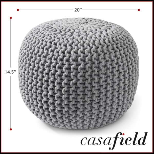 Casafield Round Pouf Ottoman, Light Gray - 20" Diameter x 14.5" High Cotton Knit Foot Stool - Boho Floor Pouffe for Living Room, Bedroom, Home Office - Image 3