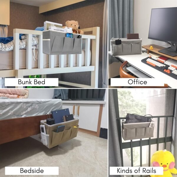 2pcs Bedside Caddy Storage Organizer, Hanging Bag Holder with Pockets for Bedroom, Loft Bed Tent, Bed Curtain, Top Bunk bed Shelf Accessories (Gray) - Image 2