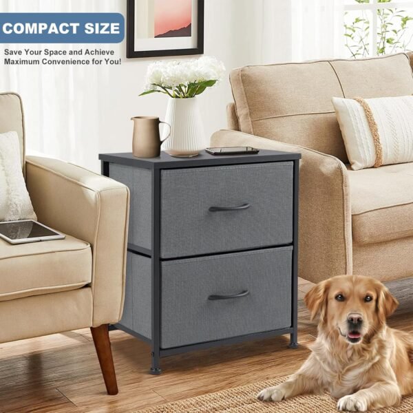 DUMOS Nightstand Small Dresser with 2 Fabric Drawers Side Bedroom End Table Kids Bedside Storage Furniture for 20 inch Tall Night Stand for Closet, Entryway, College Dorm, Grey - Image 2