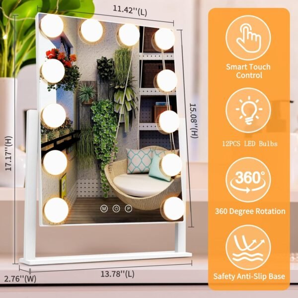 Vanity Mirror with Lights, Hollywood Lighted Makeup Mirror with 3 Color Lighting Modes and 12 Dimmable Bulbs, Detachable 5X Magnification, Smart Touch Control, 360°Rotation, White - Image 4