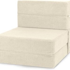 Folding Sofa Bed, Foldable Memory Foam Couch Floor Mattress Futon, Convertible Floor Sleeper Chair with Back Support for Living Room, Bedroom, Guest Room, Lambswool, Beige, Single