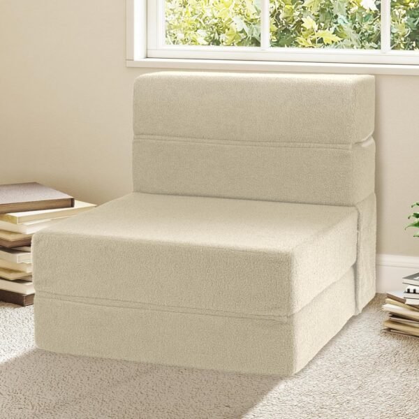 Folding Sofa Bed, Foldable Memory Foam Couch Floor Mattress Futon, Convertible Floor Sleeper Chair with Back Support for Living Room, Bedroom, Guest Room, Lambswool, Beige, Single - Image 7