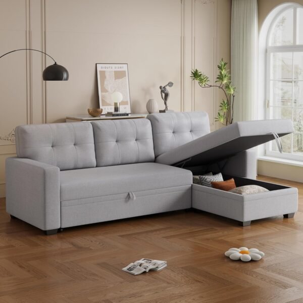 L-Shape Sleeper Sectional Sofa 82inch Convertible Lounge Pull Out Couch Bed with Storage Chaise and Tufted Linen Backrest for Home Living Room Apartment Dorm,Light Gray - Image 3