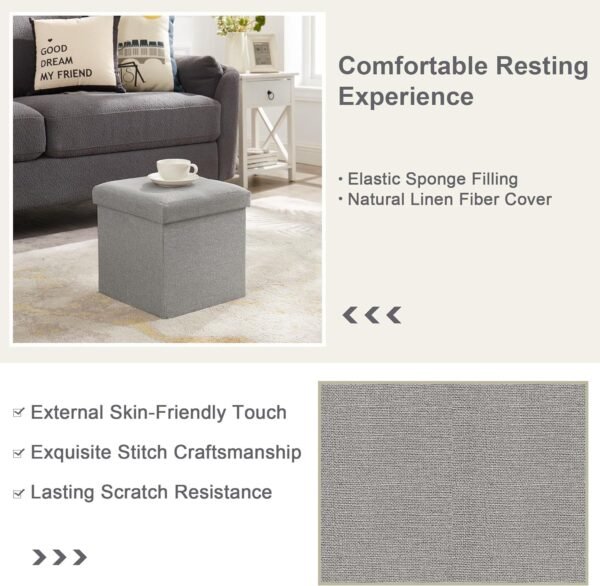 VECELO Storage Ottoman, 11.8'' Folding Footstools, Multipurpose Foot Rest Stool, Foldable Linen Fabric Ottomans, Small Square Ottoman Cube for Living Room/Bed Room/Dorm, Grey - Image 4