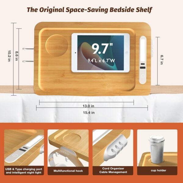 Bedside Shelf for Bunk Bed - Dorm Bed Shelf with Cup Holder, Night Light Socket, and Hook Versatile Bed Shelf for Dorm Room Essentials, Loft Nightstand, and Dorm Bed Storage Solution - Image 2