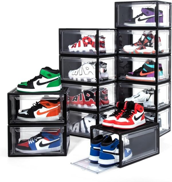 12 Pack Shoe Boxes, Clear Acrylic Plastic Shoe Boxes Stackable, Space-Saving Foldable Drop Front Shoe Storage Boxes Container for With Lids Fits Up to Size 15 (Dark Black) - Image 6
