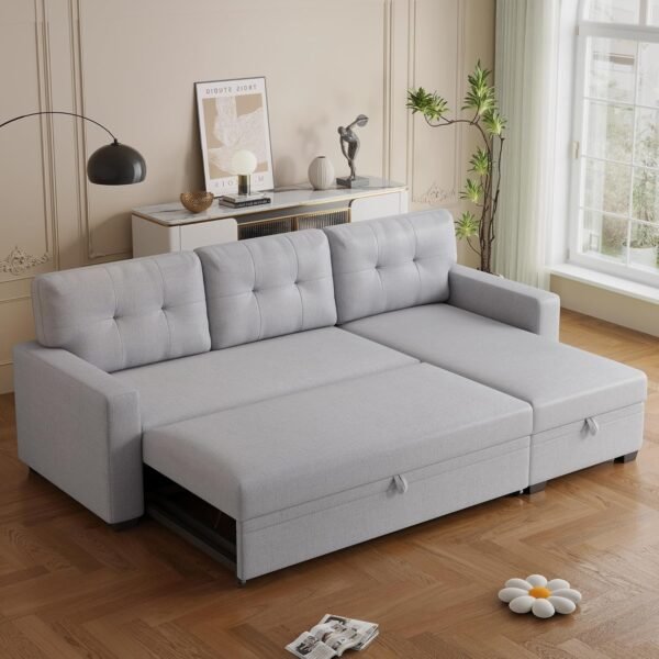 L-Shape Sleeper Sectional Sofa 82inch Convertible Lounge Pull Out Couch Bed with Storage Chaise and Tufted Linen Backrest for Home Living Room Apartment Dorm,Light Gray - Image 7