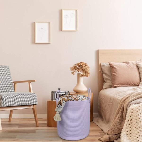 Rope Laundry Basket Hamper for Clothes Woven Storage Basket for Living Room Bedroom Boho Tall Rope Baskets for Blanket Toys Pillow Towels Baby Nursery Hamper Bin Large purple or lavender - Image 5