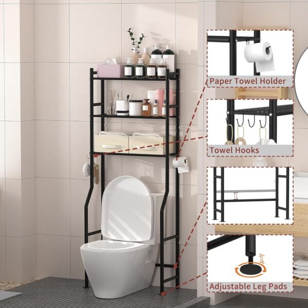 3 Tier Over The Toilet Storage Rack with 2 Basket, Metal Freestanding Bathroom Shelves Toilet with Paper Holder and 4 Hooks, Over Toilet Storage Shelf for Bathroom Storage, Black - Image 3