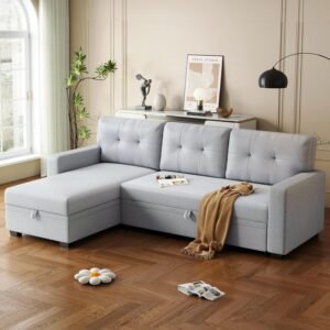82″ Convertible Sectional Sleeper Sofa with Storage Chaise, L Shaped Pull Out Couch Bed with 3 Tufted Back Cushion for Living Room, Apartment,Office,Light Gray