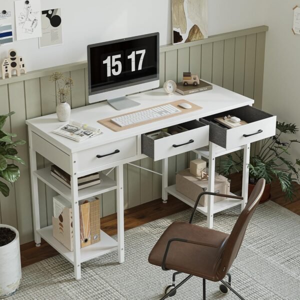 CubiCubi 47 Inch Computer Desk with 3 Drawers and Storage Shelves, Small Home Office Desk, Study Writing Gaming Table, Small Desk for Bedroom, White - Image 2