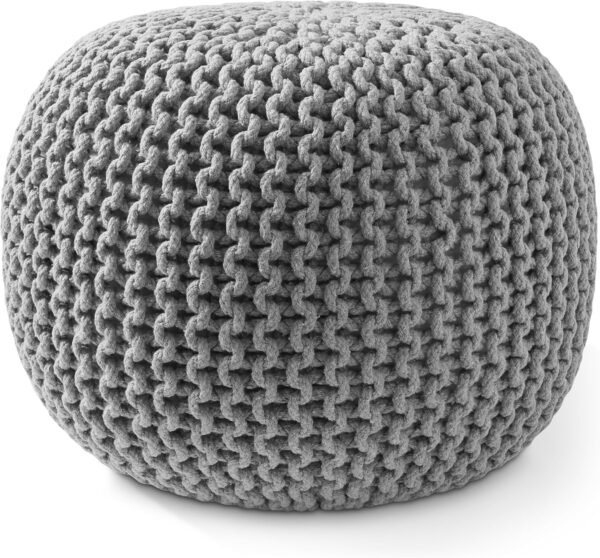 Casafield Round Pouf Ottoman, Light Gray - 20" Diameter x 14.5" High Cotton Knit Foot Stool - Boho Floor Pouffe for Living Room, Bedroom, Home Office - Image 4
