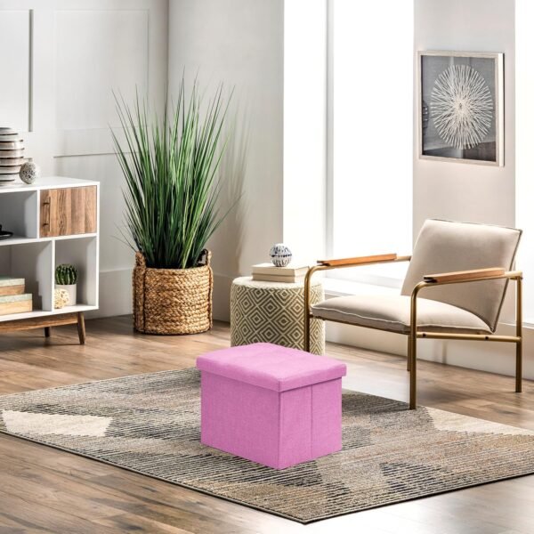 AmasSmile® Storage Ottoman Folding Foot Rest Stool, 17 inch Linen Footstool Bench, Short Ottoman Bench, Storage Foot Rest Store, Books, Pink - Image 6