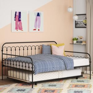 Novogratz Bright Pop Full Metal Daybed with Twin Trundle Bed, Black