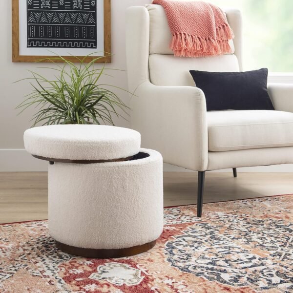 Linon Lexington Natural Sherpa Round Storage Ottoman with Wood Accent - Image 5