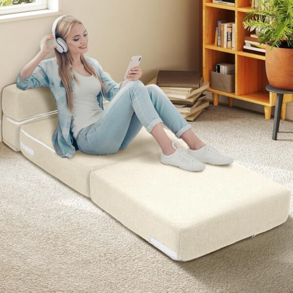 Folding Sofa Bed, Foldable Memory Foam Couch Floor Mattress Futon, Convertible Floor Sleeper Chair with Back Support for Living Room, Bedroom, Guest Room, Lambswool, Beige, Single - Image 2