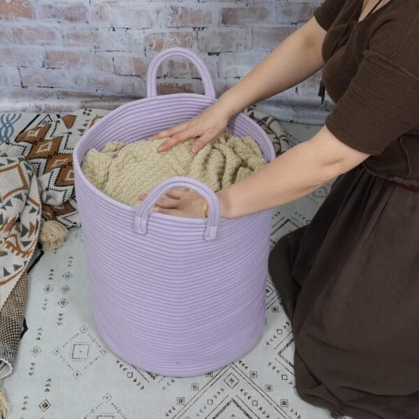 Rope Laundry Basket Hamper for Clothes Woven Storage Basket for Living Room Bedroom Boho Tall Rope Baskets for Blanket Toys Pillow Towels Baby Nursery Hamper Bin Large purple or lavender - Image 3