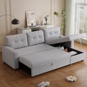 L-Shape Sleeper Sectional Sofa 82inch Convertible Lounge Pull Out Couch Bed with Storage Chaise and Tufted Linen Backrest for Home Living Room Apartment Dorm,Light Gray