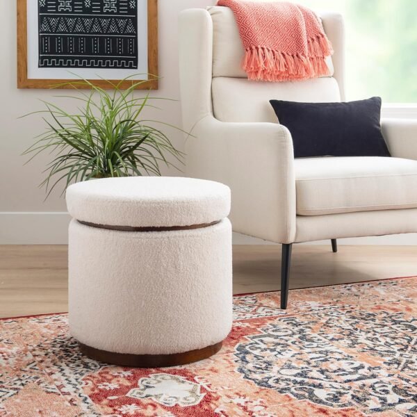 Linon Lexington Natural Sherpa Round Storage Ottoman with Wood Accent - Image 2
