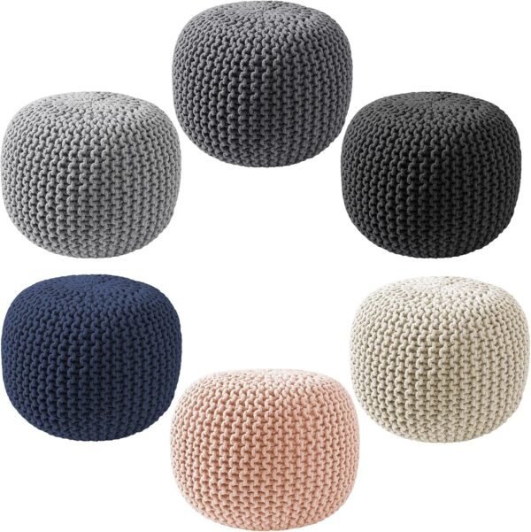 Casafield Round Pouf Ottoman, Light Gray - 20" Diameter x 14.5" High Cotton Knit Foot Stool - Boho Floor Pouffe for Living Room, Bedroom, Home Office - Image 7