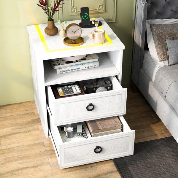 White Nightstand Set of 2 with Charging Station, Smart LED Night Stand Set 2 with 2 Storage Drawers, Farmhouse Wood Bed Side Table End Table with USB Ports and Outlets for Bedroom, Office - Image 2