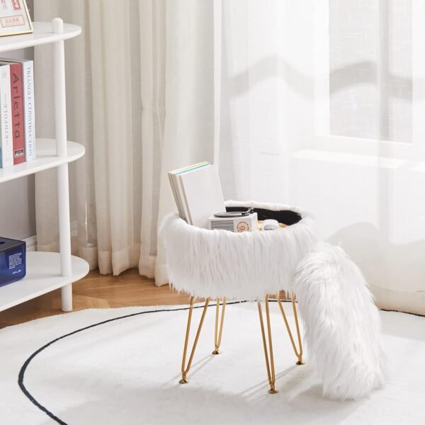 Mxfurhawa Faux Fur Storage Ottoman Round Furry Vanity Stool Marble Grain Tray Coffee Table Compact Footrest Stool with 4 Metal Legs Soft Makeup Seat Foot Stools for Living Room Bedroom Entryway White - Image 7