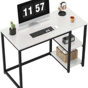 SINPAID Computer Desk 40 inches with 2-Tier Shelves Sturdy Home Office Desk with Large Storage Space Modern Gaming Desk Study Writing Laptop Table, White Desk