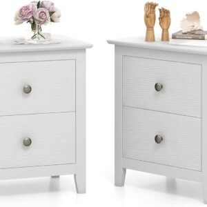 Giantex White Nightstands Set of 2, Modern 2 Drawers Night Stands with Handles, Sofa Side Table with Sturdy Legs for Small Spaces, College Dorm, Kids’ Room, Wooden Bedside Tables for Bedroom, White