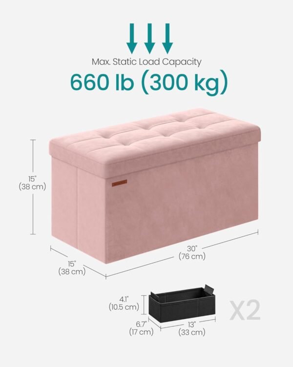 SONGMICS Storage Ottoman Bench, Foldable Ottoman Foot Rest, 15 x 30 x 15 Inches, End of Bed Bench, Storage Chest, Load up to 660 lb, for Living Room, Bedroom, Entryway, Jelly Pink ULSF247R01 - Image 3