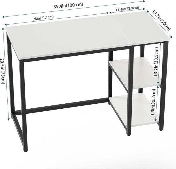 SINPAID Computer Desk 40 inches with 2-Tier Shelves Sturdy Home Office Desk with Large Storage Space Modern Gaming Desk Study Writing Laptop Table, White Desk - Image 2