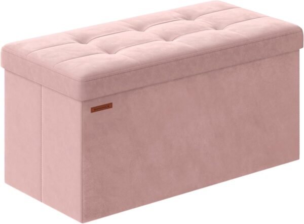 SONGMICS Storage Ottoman Bench, Foldable Ottoman Foot Rest, 15 x 30 x 15 Inches, End of Bed Bench, Storage Chest, Load up to 660 lb, for Living Room, Bedroom, Entryway, Jelly Pink ULSF247R01