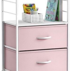 Sorbus 2 Drawer Shelf Storage Nightstand – Kids Bedside Furniture End Table Night Stand with Steel Frame Wood Top & Easy Pull Fabric Bins, Dresser & Chest for Home Bedroom Accessories Office & College