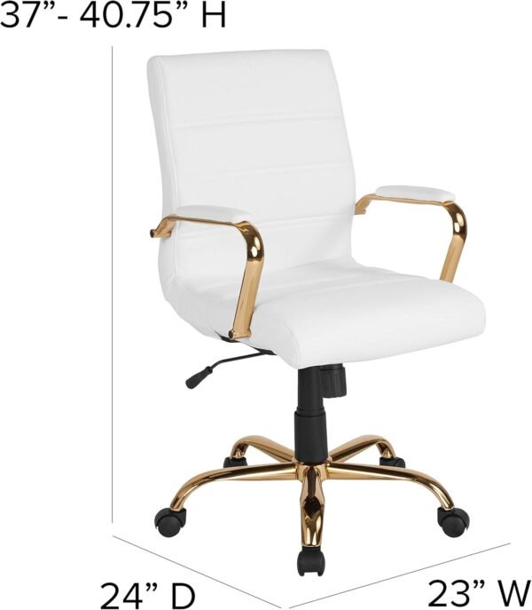 Flash Furniture Whitney Mid-Back Swivel LeatherSoft Desk Chair with Padded Seat and Armrests, Adjustable Height Padded Office Chair, White/Gold - Image 3