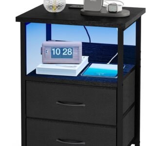 Fixwal Night Stand with Charging Station, LED Nightstand with U-S-B Ports and Outlets, 2 Fabric Storage Drawers with PU Finish, Bedside Table, Black