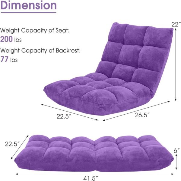 Giantex Floor Chairs for Adults - Floor Gaming Chair with Back Support, Coral Velvet, 14 Adjustable Position, Thick Sponge Padding, Floor Seating Lounge for Reading, Watching TV, Meditation (Purple) - Image 3