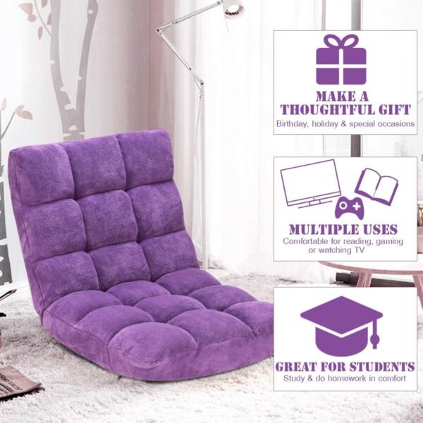 Giantex Floor Chairs for Adults - Floor Gaming Chair with Back Support, Coral Velvet, 14 Adjustable Position, Thick Sponge Padding, Floor Seating Lounge for Reading, Watching TV, Meditation (Purple) - Image 6