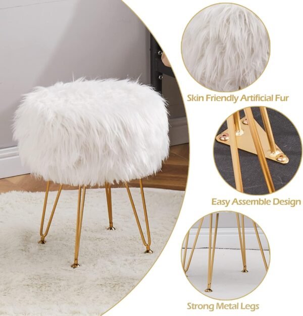 Mxfurhawa Faux Fur Storage Ottoman Round Furry Vanity Stool Marble Grain Tray Coffee Table Compact Footrest Stool with 4 Metal Legs Soft Makeup Seat Foot Stools for Living Room Bedroom Entryway White - Image 5