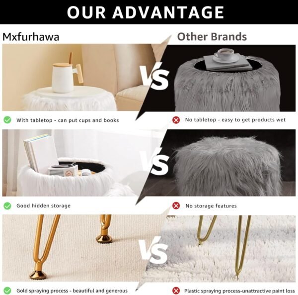 Mxfurhawa Faux Fur Storage Ottoman Round Furry Vanity Stool Marble Grain Tray Coffee Table Compact Footrest Stool with 4 Metal Legs Soft Makeup Seat Foot Stools for Living Room Bedroom Entryway White - Image 6