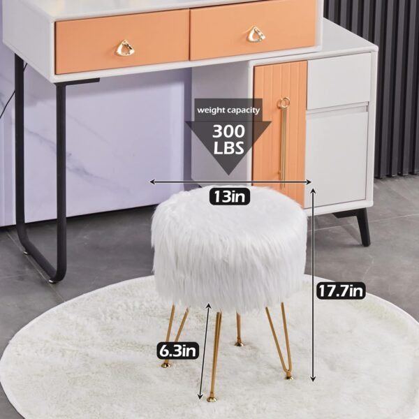 Mxfurhawa Faux Fur Storage Ottoman Round Furry Vanity Stool Marble Grain Tray Coffee Table Compact Footrest Stool with 4 Metal Legs Soft Makeup Seat Foot Stools for Living Room Bedroom Entryway White - Image 3