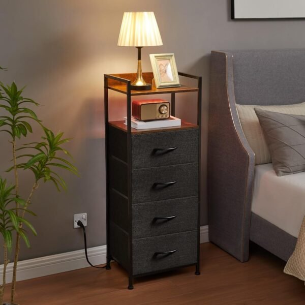 Somdot Black Nightstand with Charging Station and LED Light for Bedroom, Tall 4 Drawers Dresser with Fabric Bins for Bedside Kids Dorm Room Closet Laundry Entryway, Black Rustic Brown - Image 2