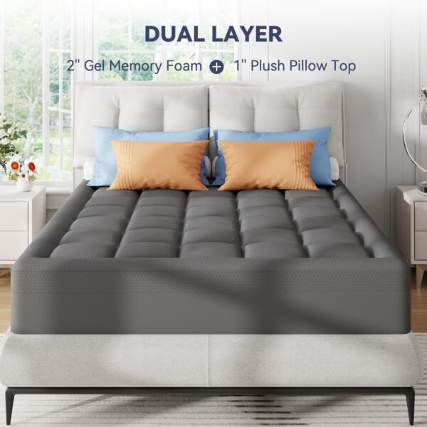 Dual Layer Memory Foam Mattress Topper Twin XL,2 Inch Gel Memory Foam and 1 Inch Cooling Pillow Top Mattress Pad Cover for Back Pain, Medium Support, Viscose Made from Bamboo Cover, Grey - Image 6