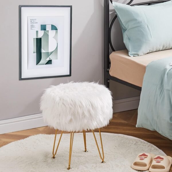 Mxfurhawa Faux Fur Storage Ottoman Round Furry Vanity Stool Marble Grain Tray Coffee Table Compact Footrest Stool with 4 Metal Legs Soft Makeup Seat Foot Stools for Living Room Bedroom Entryway White - Image 8